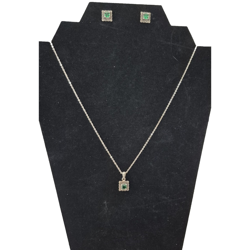 Sterling Silver 925 Lab Created Emerald Pendant Halo Set Necklace and Earrings